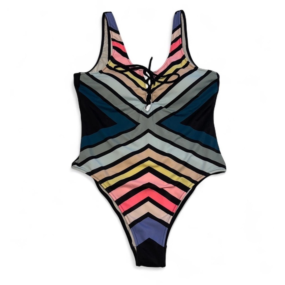 PINK Victoria’s Secret Chevron Stripe One Piece Swimsuit Sz M Lace Up Retro - Picture 1 of 4